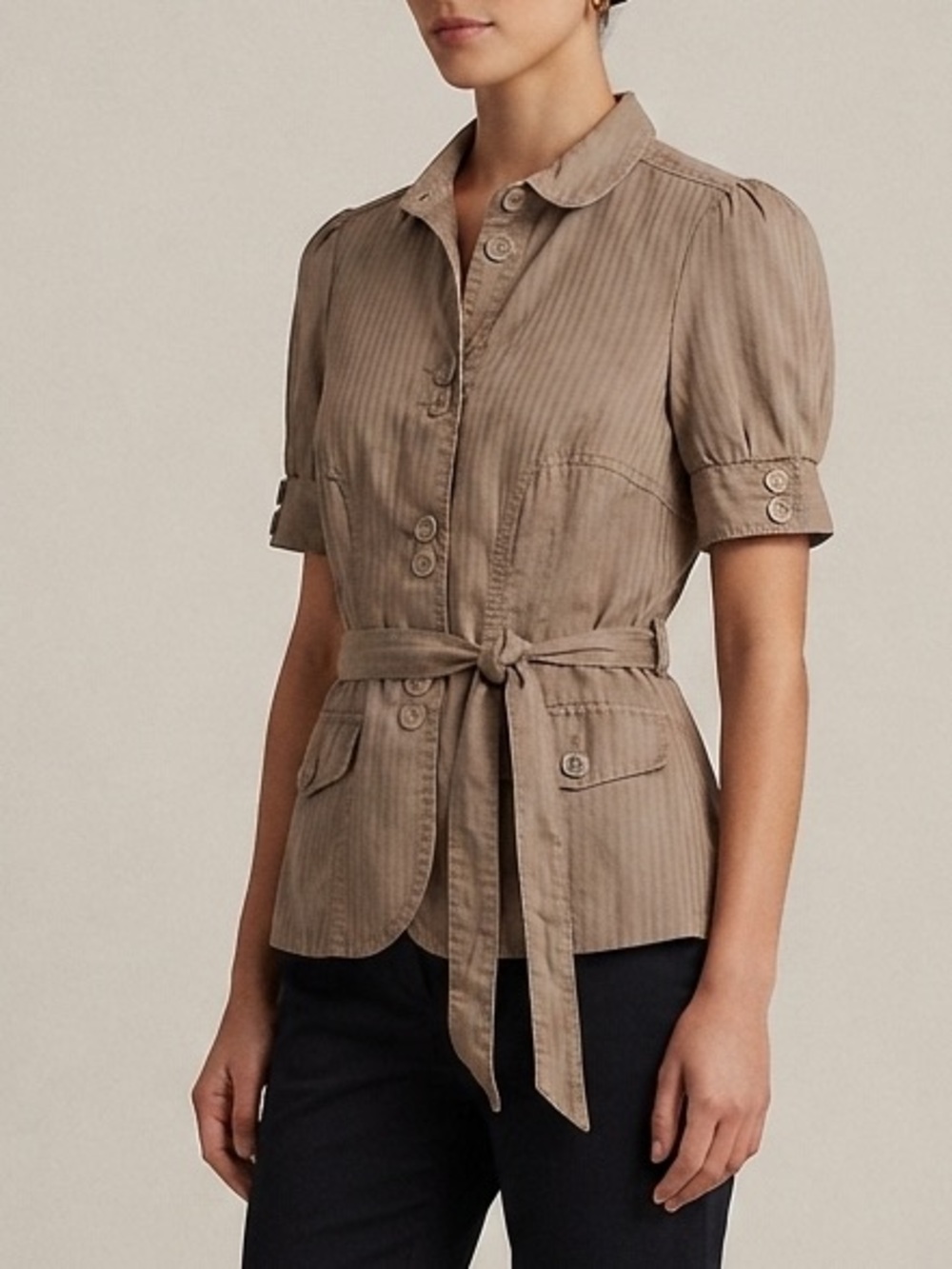Y2K RW&CO Cotton Taupe Button-Front Tie-Waist Short Sleeve Shirt Top Size 6